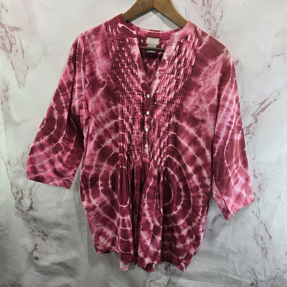 Chicos Shirt Women 1 Medium Pink Tie Dye Popover Cover Up Pleated Button
